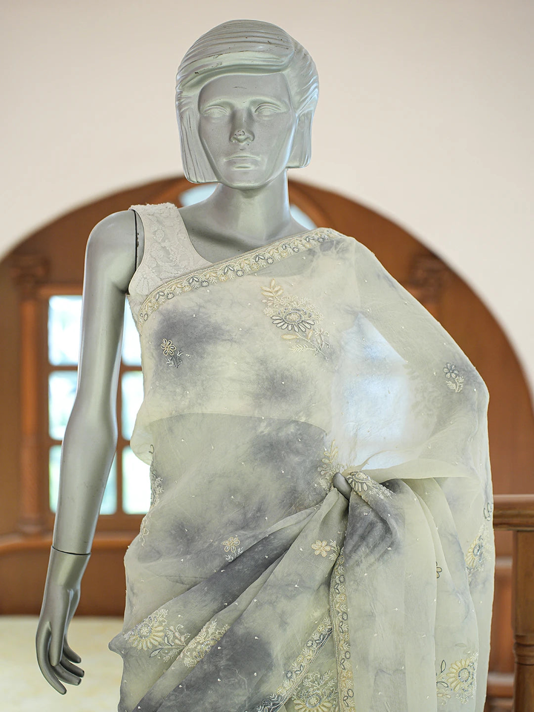 Ada Hand Embroidered Grey Organza Lucknowi Chikankari Saree and Blouse With Cutdana Work 01A697706