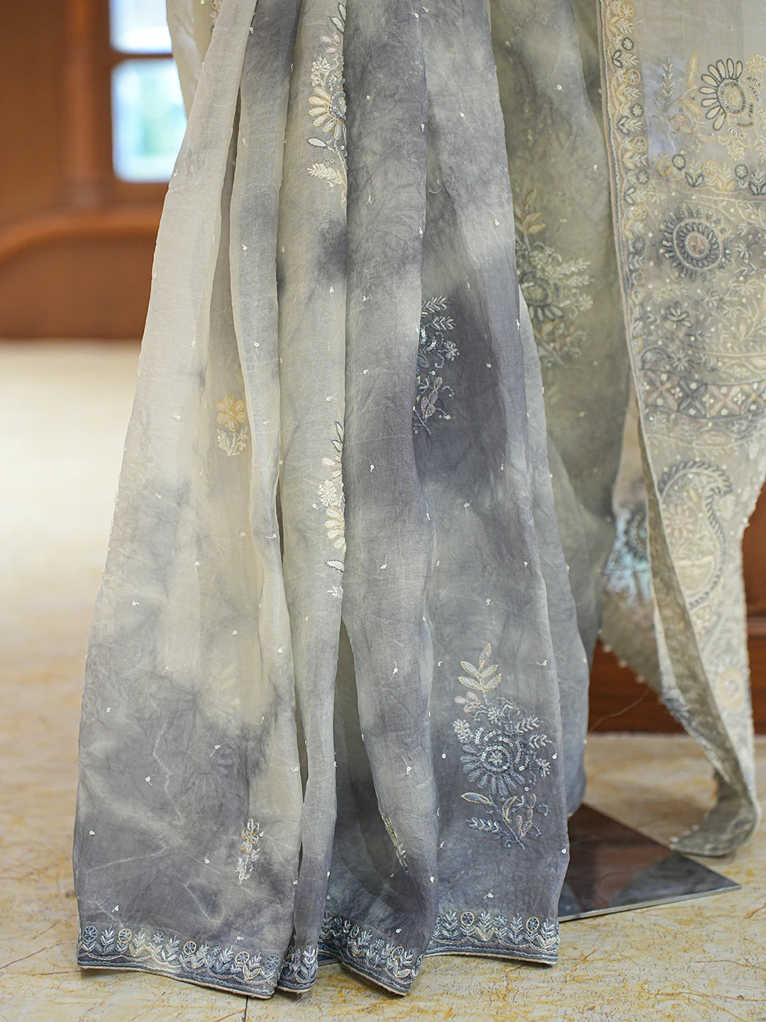 Ada Hand Embroidered Grey Organza Lucknowi Chikankari Saree and Blouse With Cutdana Work 01A697706