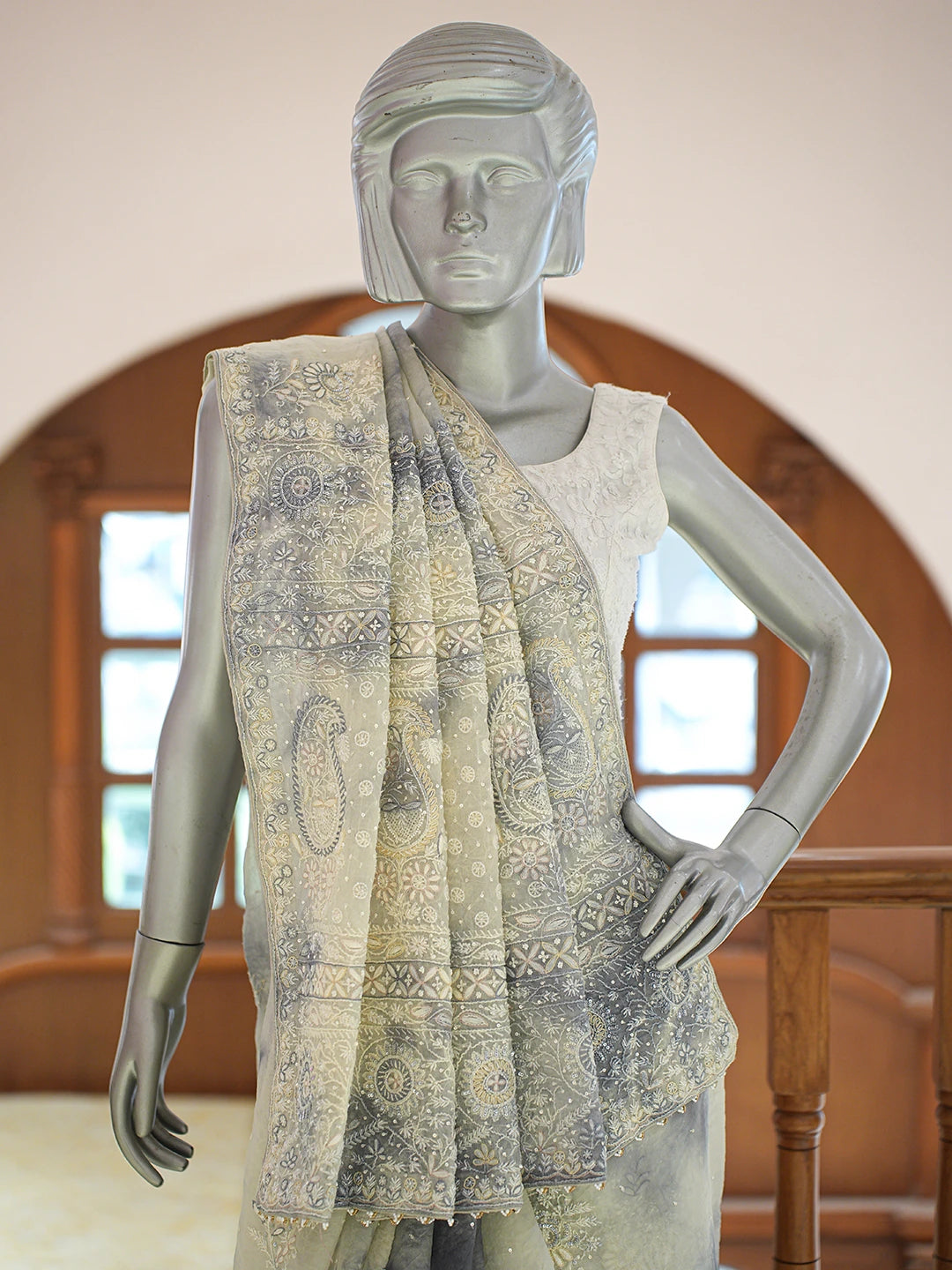 Ada Hand Embroidered Grey Organza Lucknowi Chikankari Saree and Blouse With Cutdana Work 01A697706