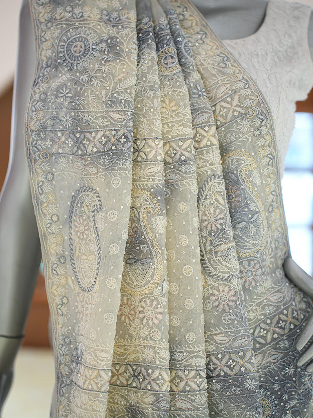 Ada Hand Embroidered Grey Organza Lucknowi Chikankari Saree and Blouse With Cutdana Work 01A697706