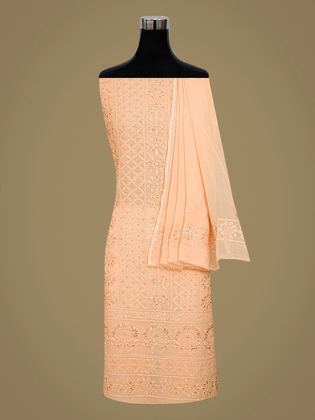 Ada Hand Embroidered Peach Viscose Georgette Lucknowi Chikankari Unstitched Kurta Dupatta Set With Cutdana Work 01A789428