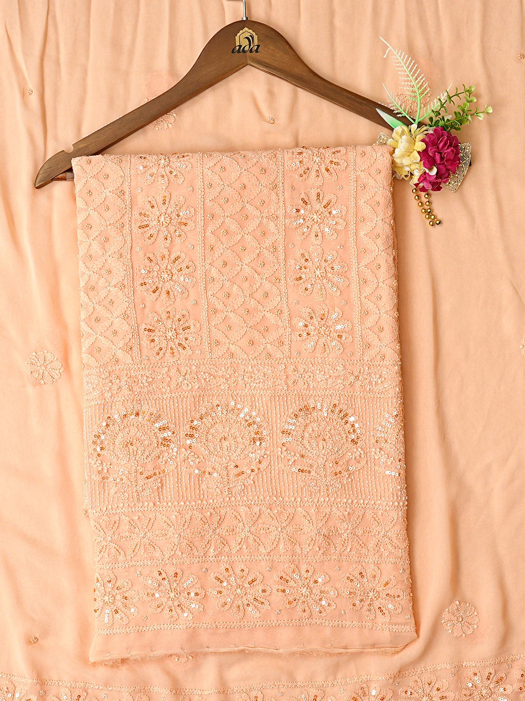 Ada Hand Embroidered Peach Viscose Georgette Lucknowi Chikankari Unstitched Kurta Dupatta Set With Cutdana Work 01A789428