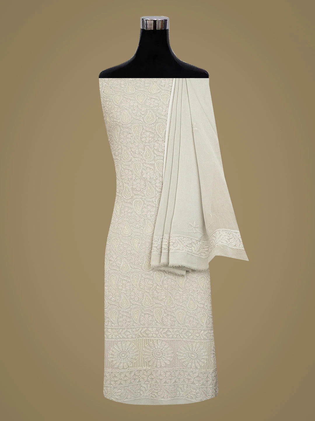 Ada Hand Embroidered Grey Viscose Georgette Lucknowi Chikankari Unstitched Kurta Dupatta Set With Cutdana Work 01A816532