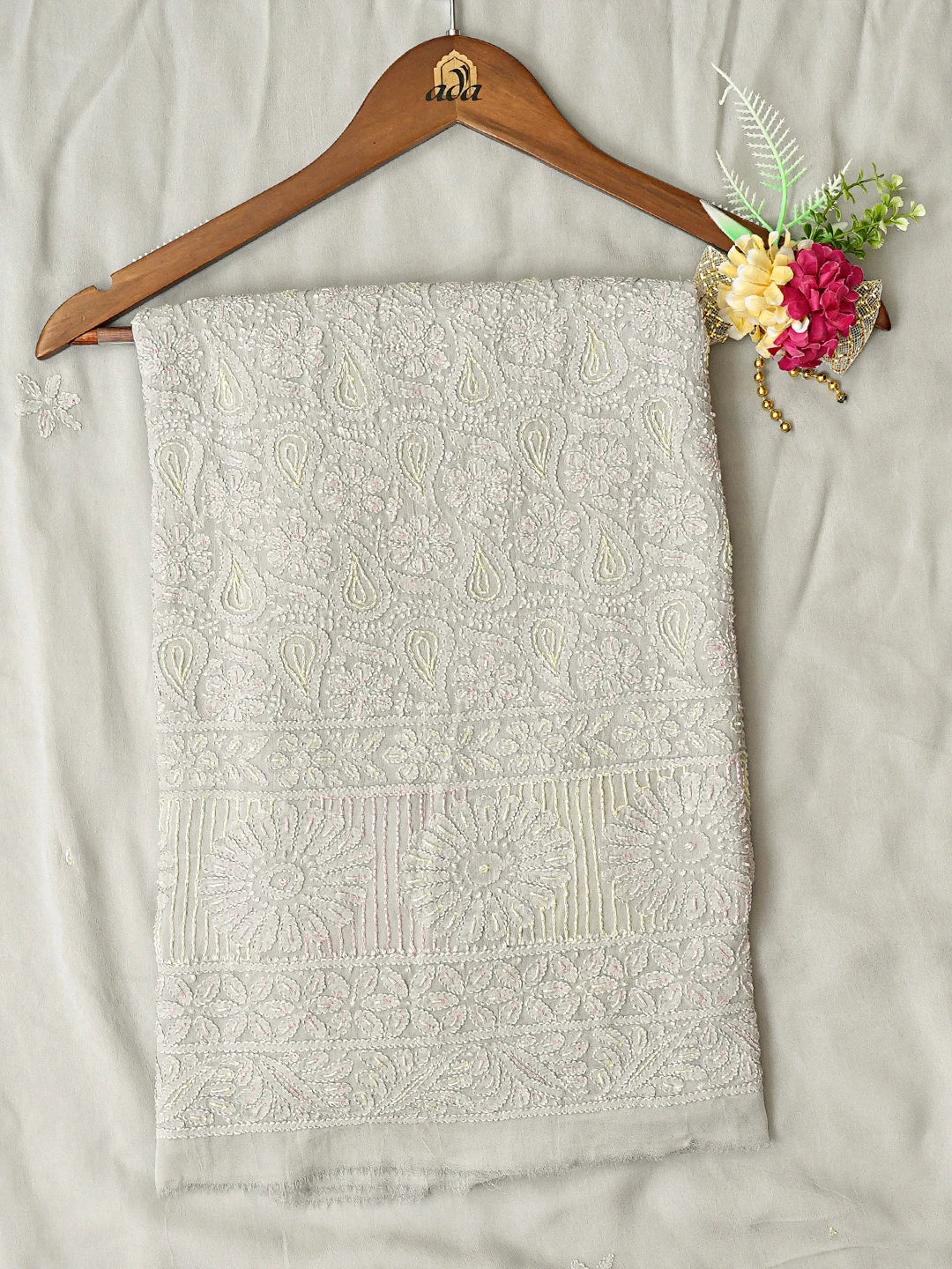 Ada Hand Embroidered Grey Viscose Georgette Lucknowi Chikankari Unstitched Kurta Dupatta Set With Cutdana Work 01A816532