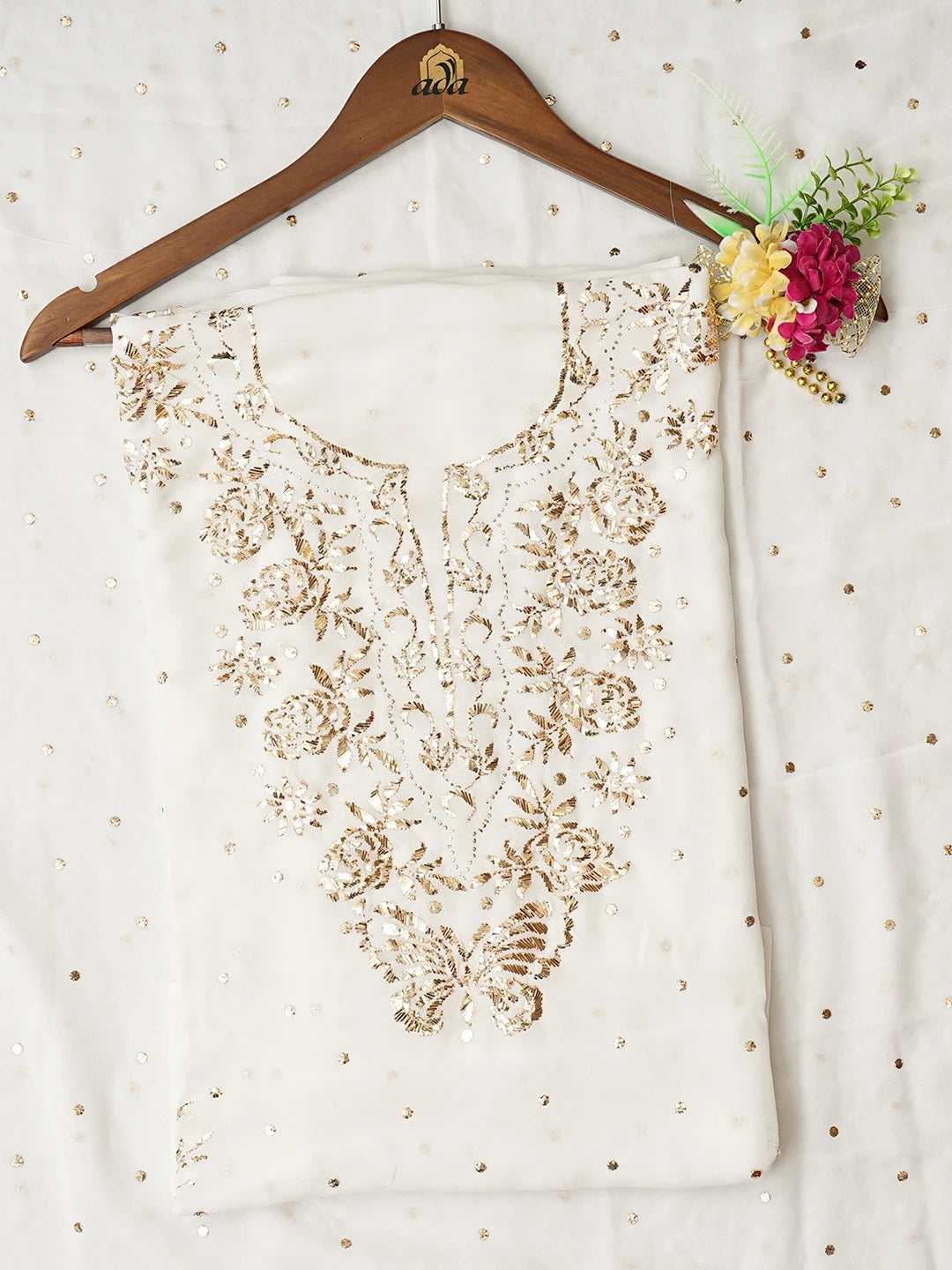 Ada Hand Embroidered White Viscose Georgette Lucknowi Chikankari Unstitched Kurta Dupatta Set With Mukaish Work 01A844981