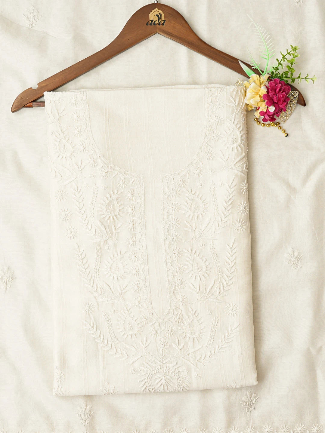 Ada Hand Embroidered Cream Chanderi Lucknowi Chikankari Unstitched Kurta Dupatta Set 01A843866