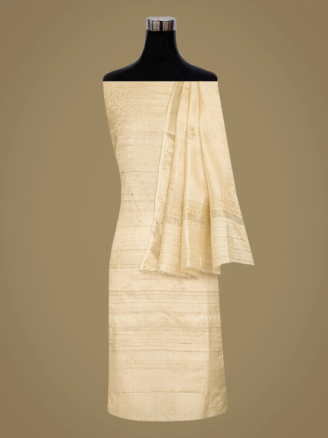 Ada Hand Embroidered Fawn Tissue Lucknowi Chikankari Unstitched Kurta Dupatta Set 01A843884