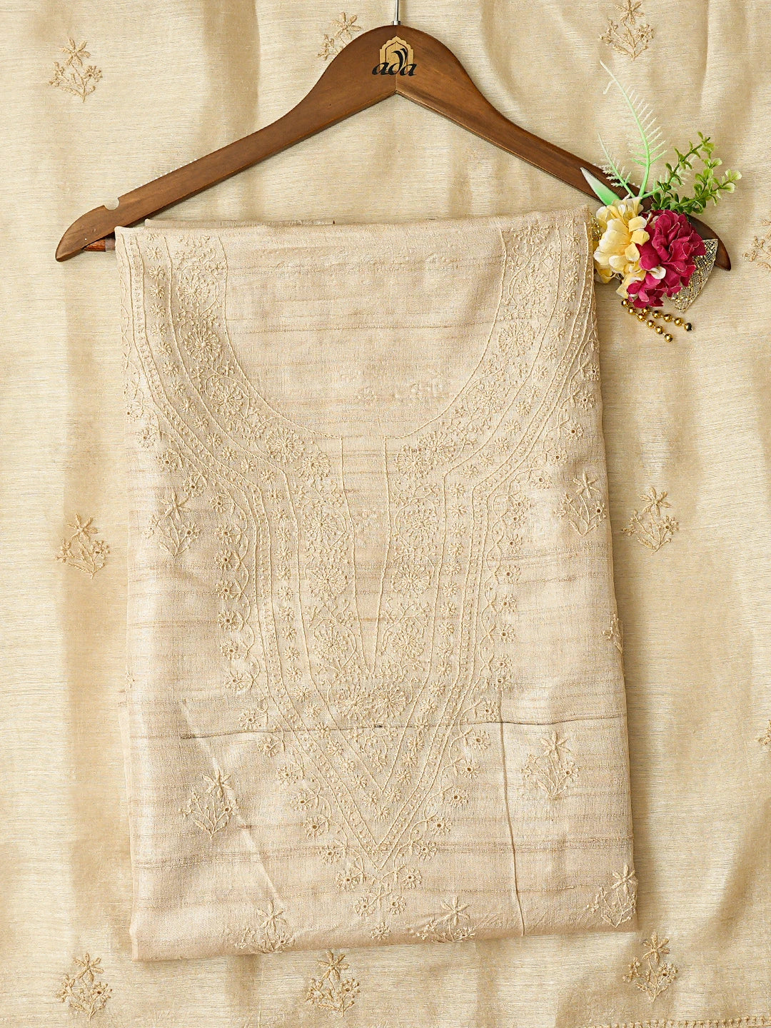 Ada Hand Embroidered Fawn Tissue Lucknowi Chikankari Unstitched Kurta Dupatta Set 01A843884