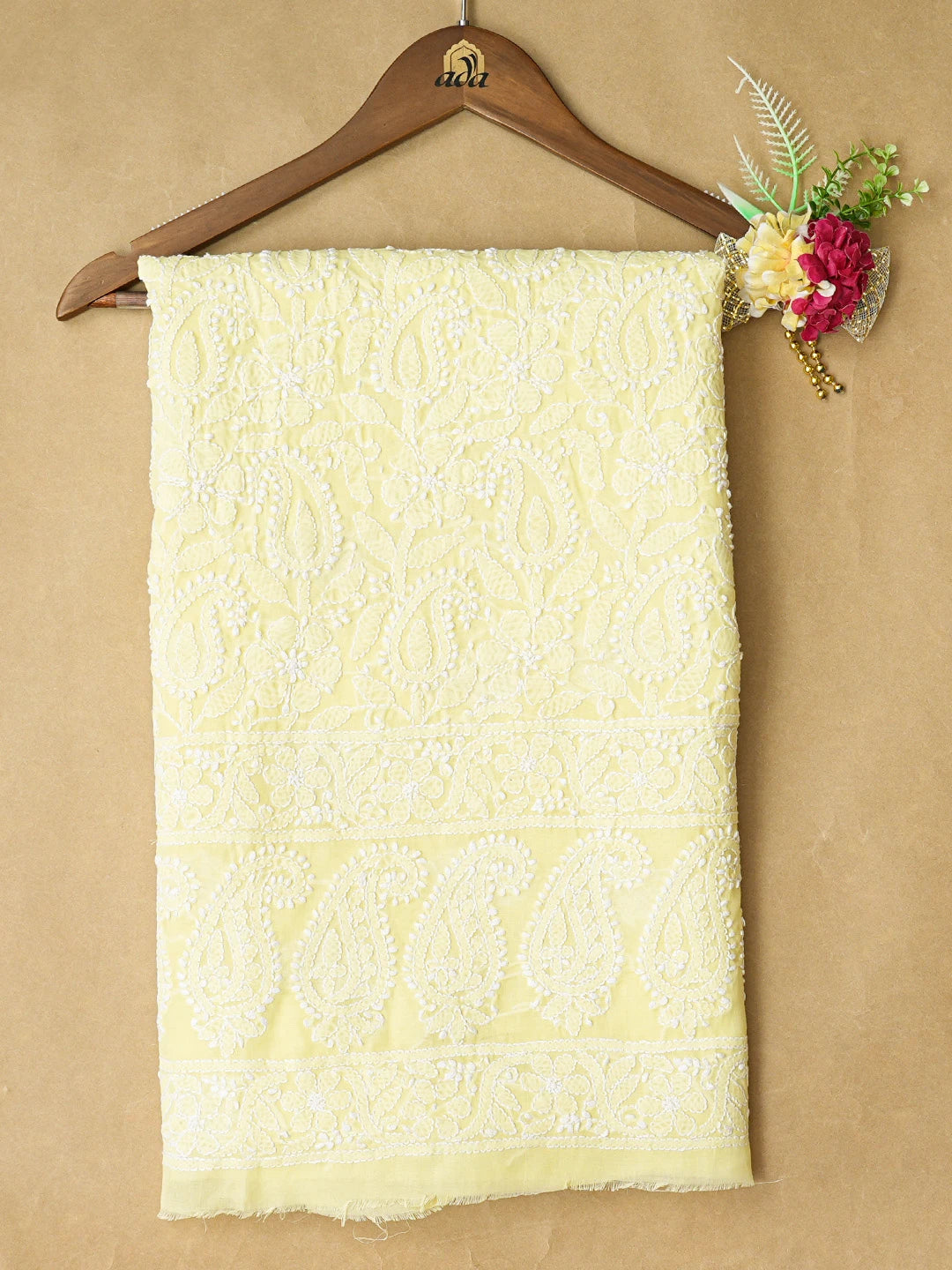Ada Hand Embroidered Lemon Cotton Lucknowi Chikankari Unstitched Kurta Piece 01A844087