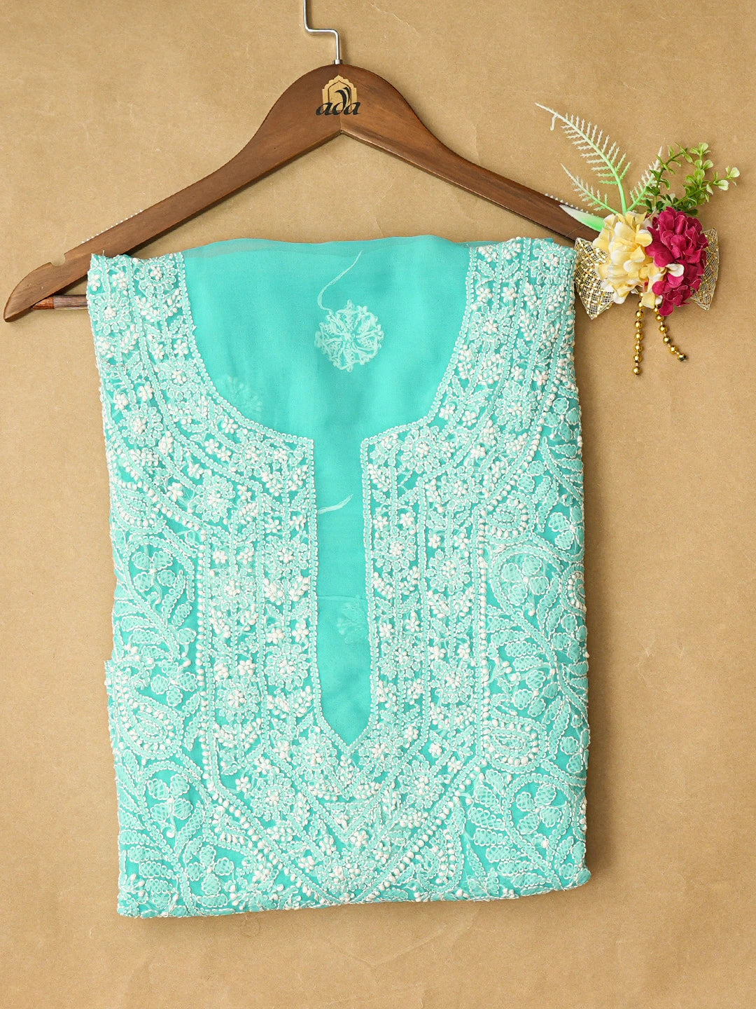 Ada Hand Embroidered Rama Green Georgette Lucknowi Chikankari Unstitched Kurta Piece 01A844125