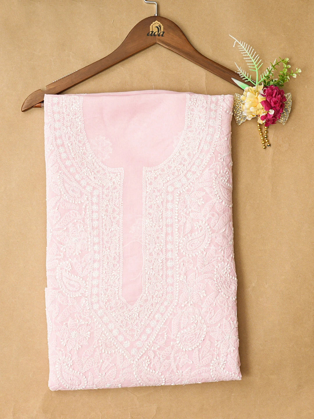 Ada Hand Embroidered Pink Cotton Lucknowi Chikankari Unstitched Kurta Piece 01A844097