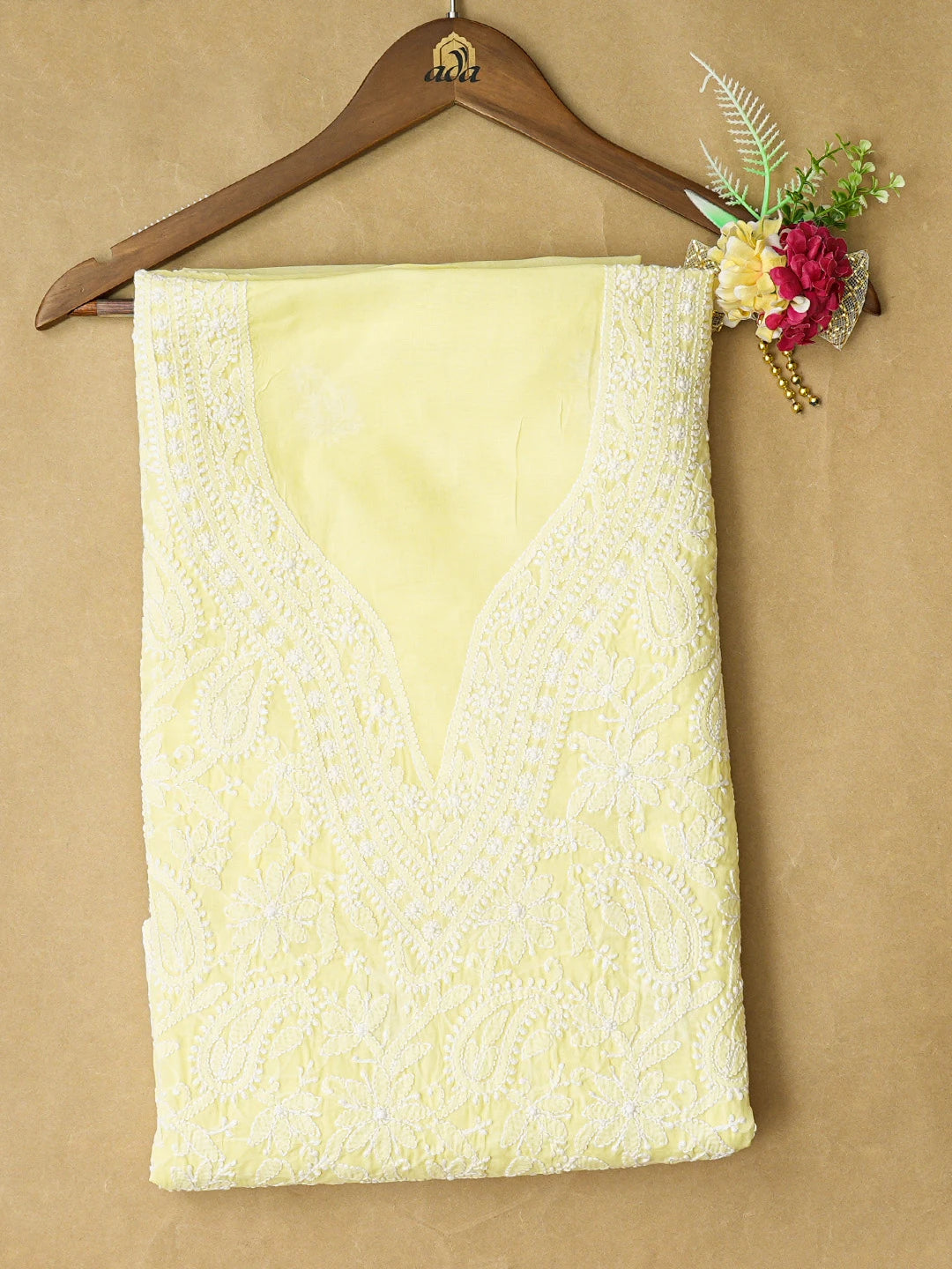 Ada Hand Embroidered Yellow Cotton Lucknowi Chikankari Unstitched Kurta Piece 01A844086