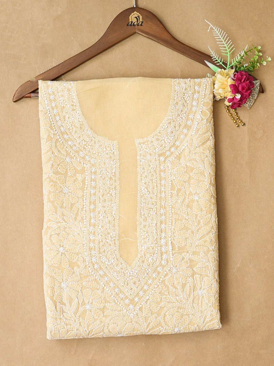 Ada Hand Embroidered Fawn Cotton Lucknowi Chikankari Unstitched Kurta Piece 01A844123
