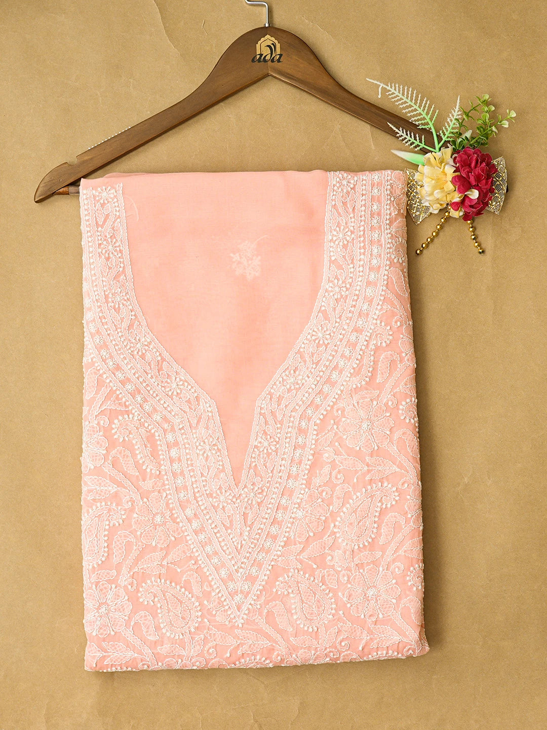 Ada Hand Embroidered Peach Cotton Lucknowi Chikankari Unstitched Kurta Piece 01A844105