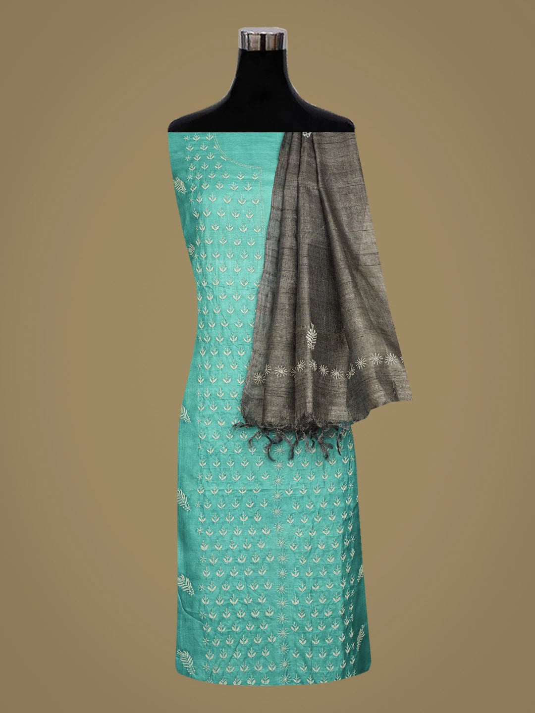 Ada Hand Embroidered Peacock Blue Tussar Silk Lucknowi Chikankari Unstitched Kurta Dupatta Set 01A843842