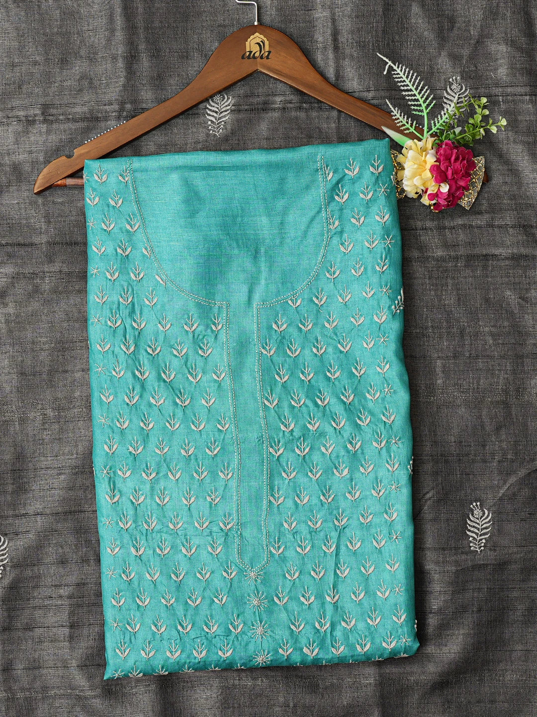 Ada Hand Embroidered Peacock Blue Tussar Silk Lucknowi Chikankari Unstitched Kurta Dupatta Set 01A843842