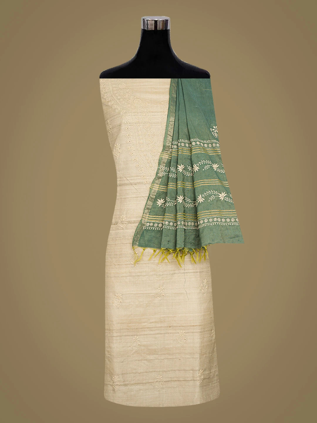 Ada Hand Embroidered Fawn Tussar Silk Lucknowi Chikankari Unstitched Kurta Dupatta Set 01A843886