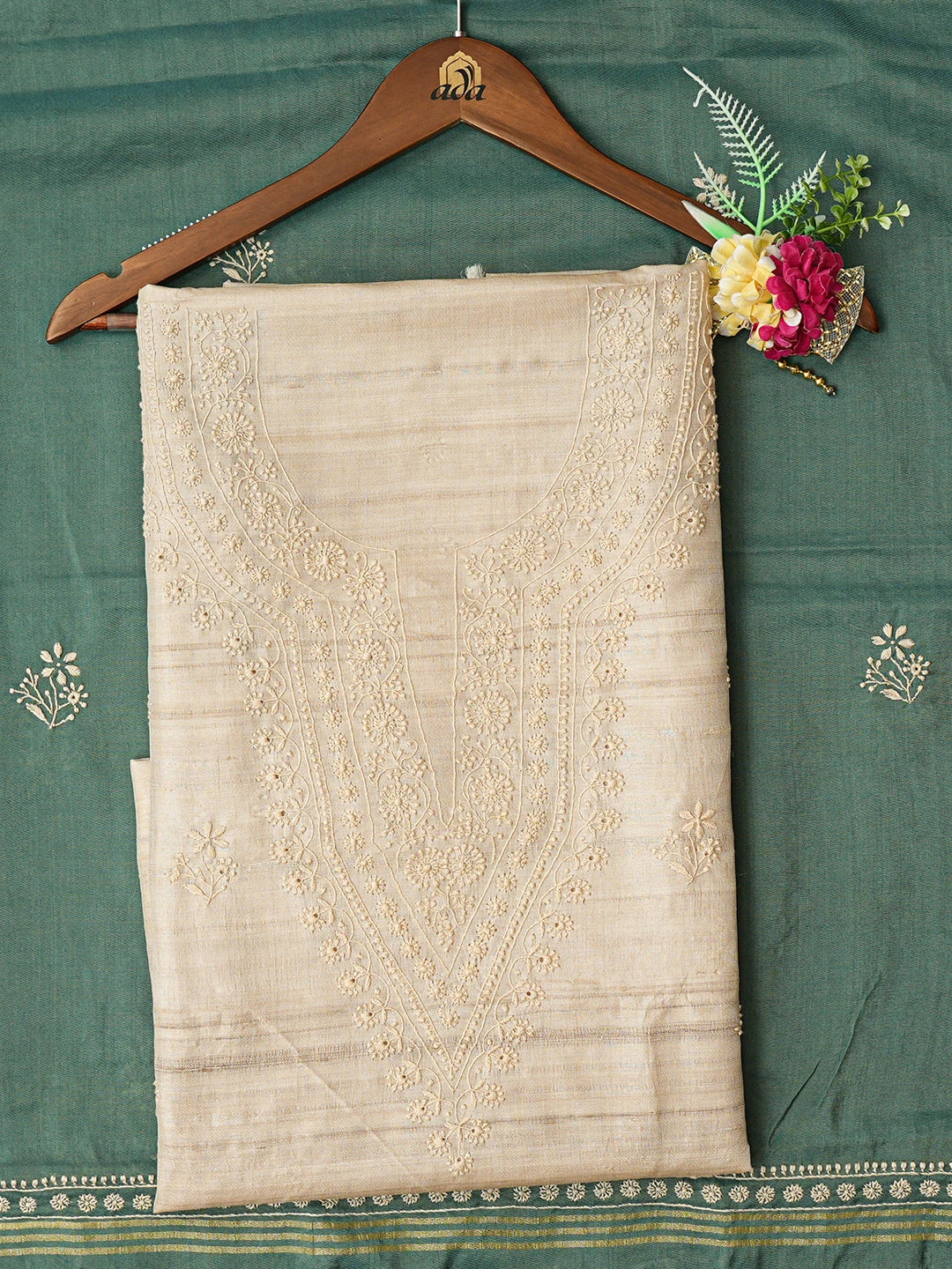 Ada Hand Embroidered Fawn Tussar Silk Lucknowi Chikankari Unstitched Kurta Dupatta Set 01A843886