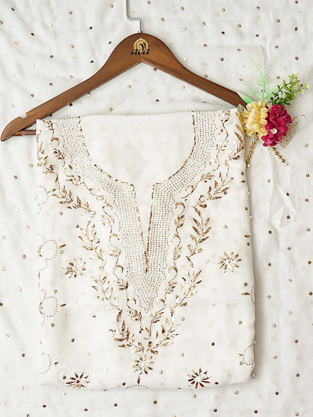 Ada Hand Embroidered White Viscose Georgette Lucknowi Chikankari Unstitched Kurta Dupatta Set With Mukaish Work 01A844978