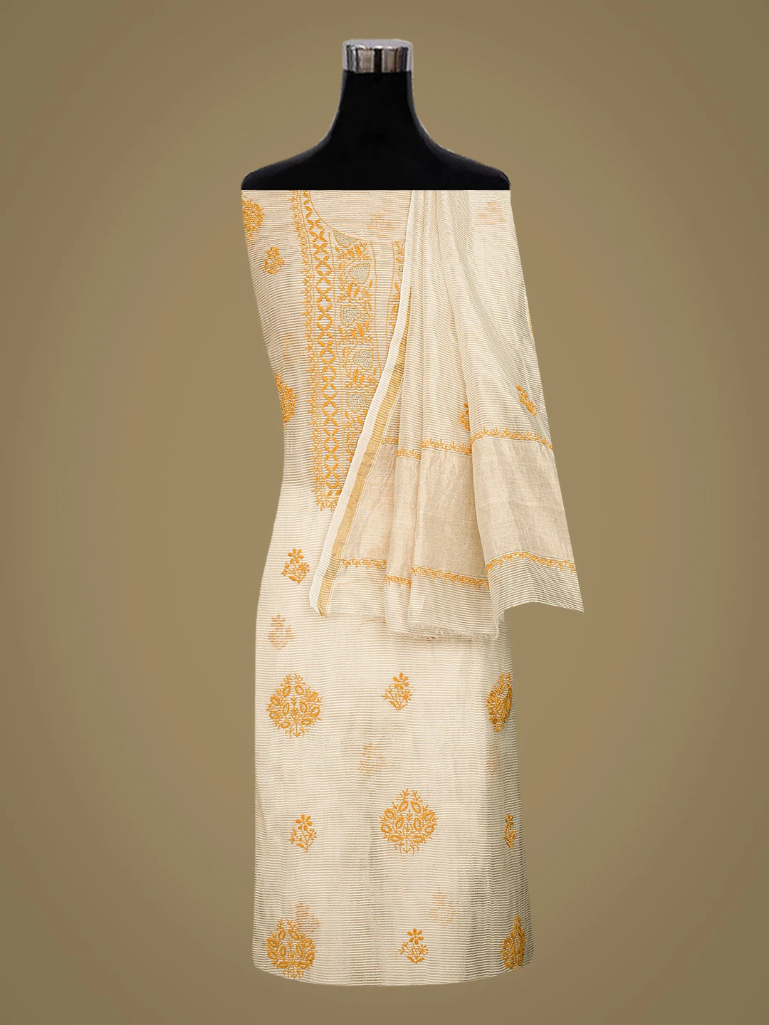 Ada Hand Embroidered Fawn Tissue Lucknowi Chikankari Unstitched Kurta Dupatta Set With Zari Taar Work 01A843889