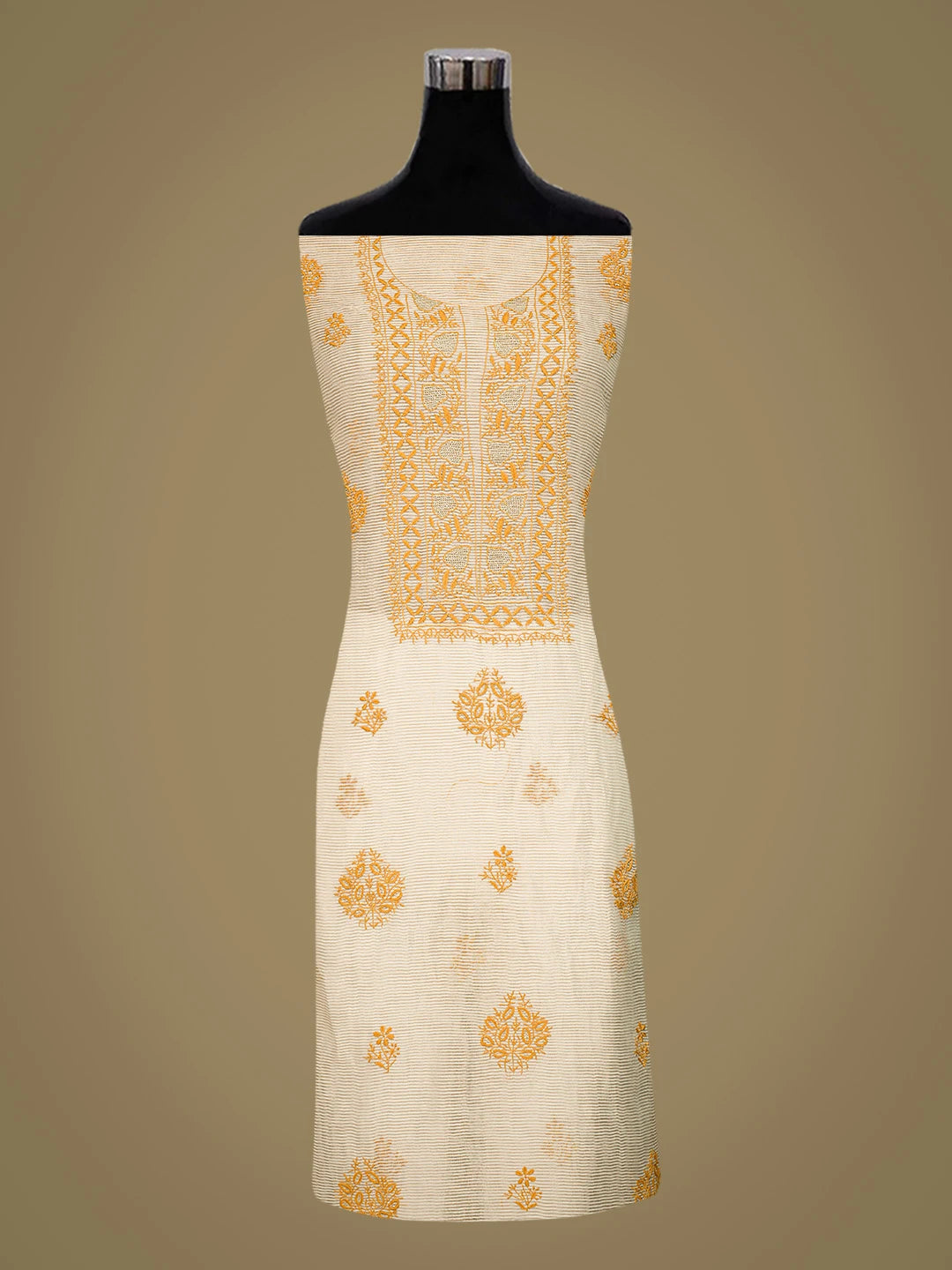 Ada Hand Embroidered Fawn Tissue Lucknowi Chikankari Unstitched Kurta Dupatta Set With Zari Taar Work 01A843889