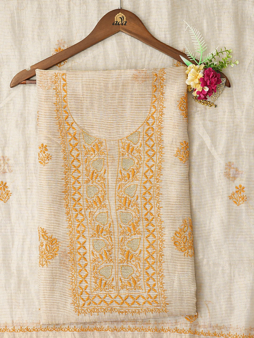 Ada Hand Embroidered Fawn Tissue Lucknowi Chikankari Unstitched Kurta Dupatta Set With Zari Taar Work 01A843889