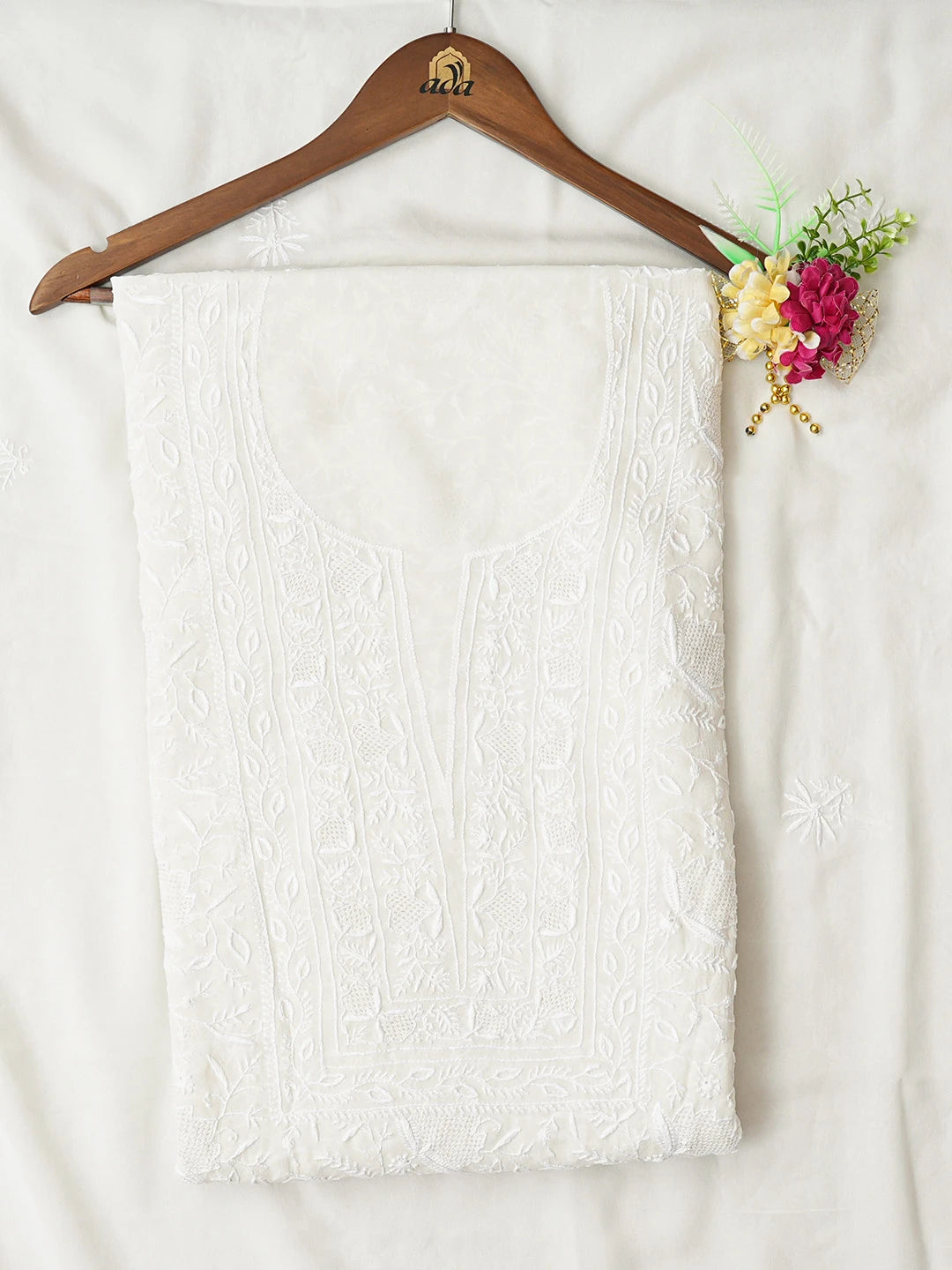 Ada Hand Embroidered White Pure Georgette Lucknowi Chikankari Unstitched Kurta Dupatta Set 01A844546