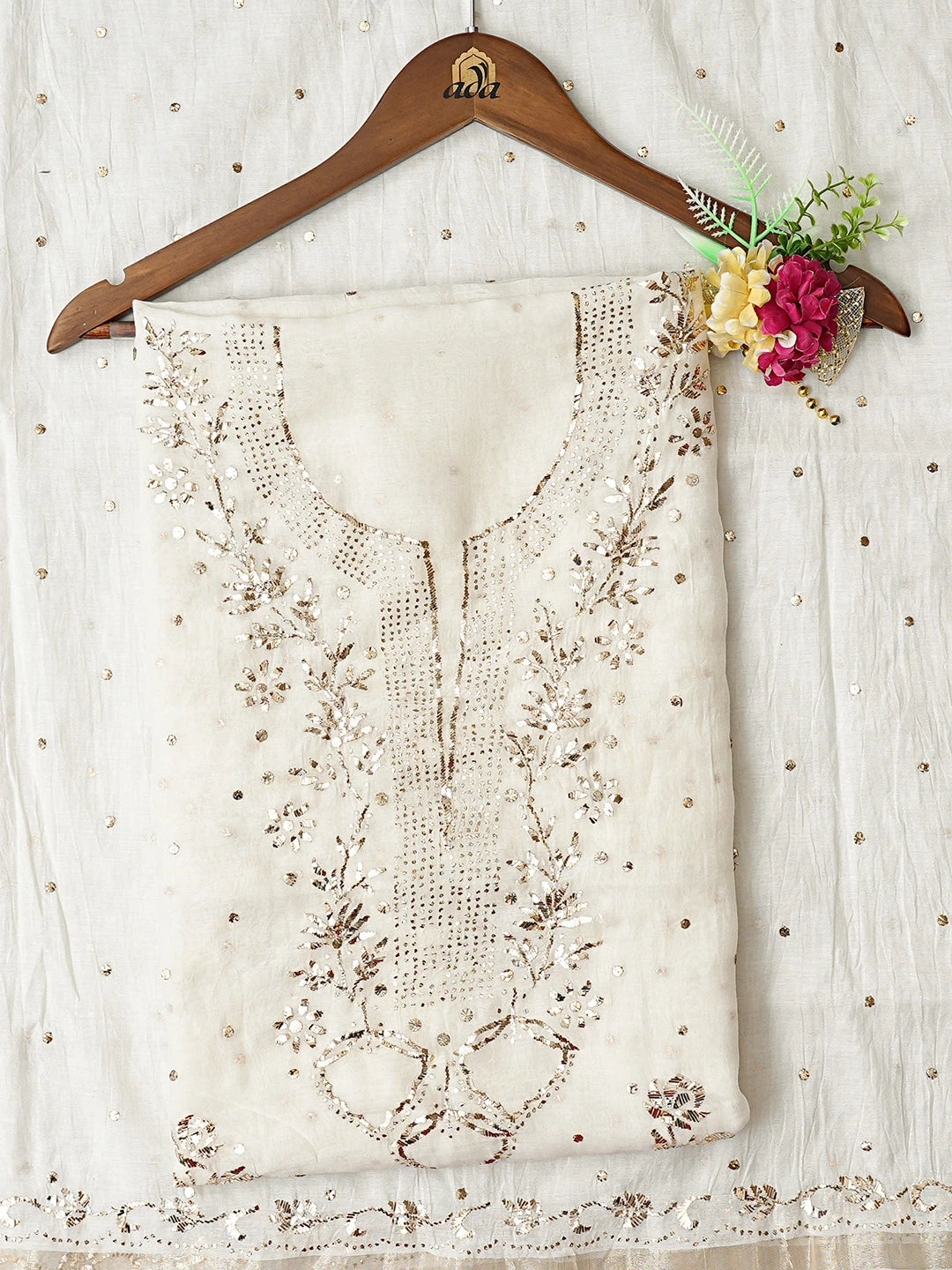 Ada Hand Embroidered White Chanderi Lucknowi Chikankari Unstitched Kurta Dupatta Set With Mukaish Work 01A844971