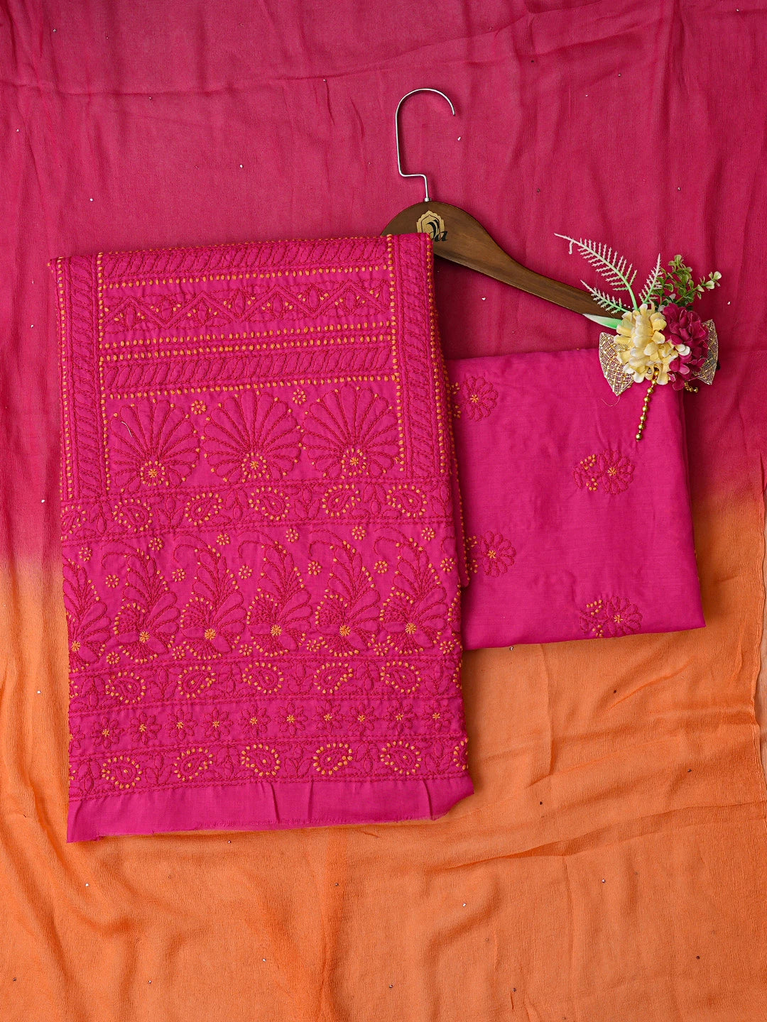 Ada Hand Embroidered Magenta Cotton Lucknowi Chikankari Unstitched Suit Piece 01A839729