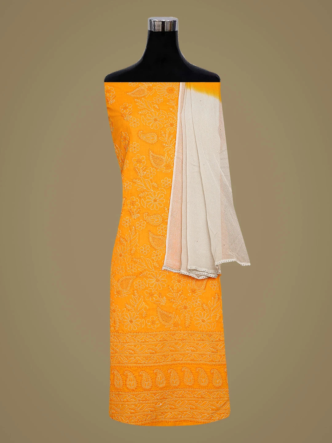 Ada Hand Embroidered Mustard Cotton Lucknowi Chikankari Unstitched Suit Piece 01A839733