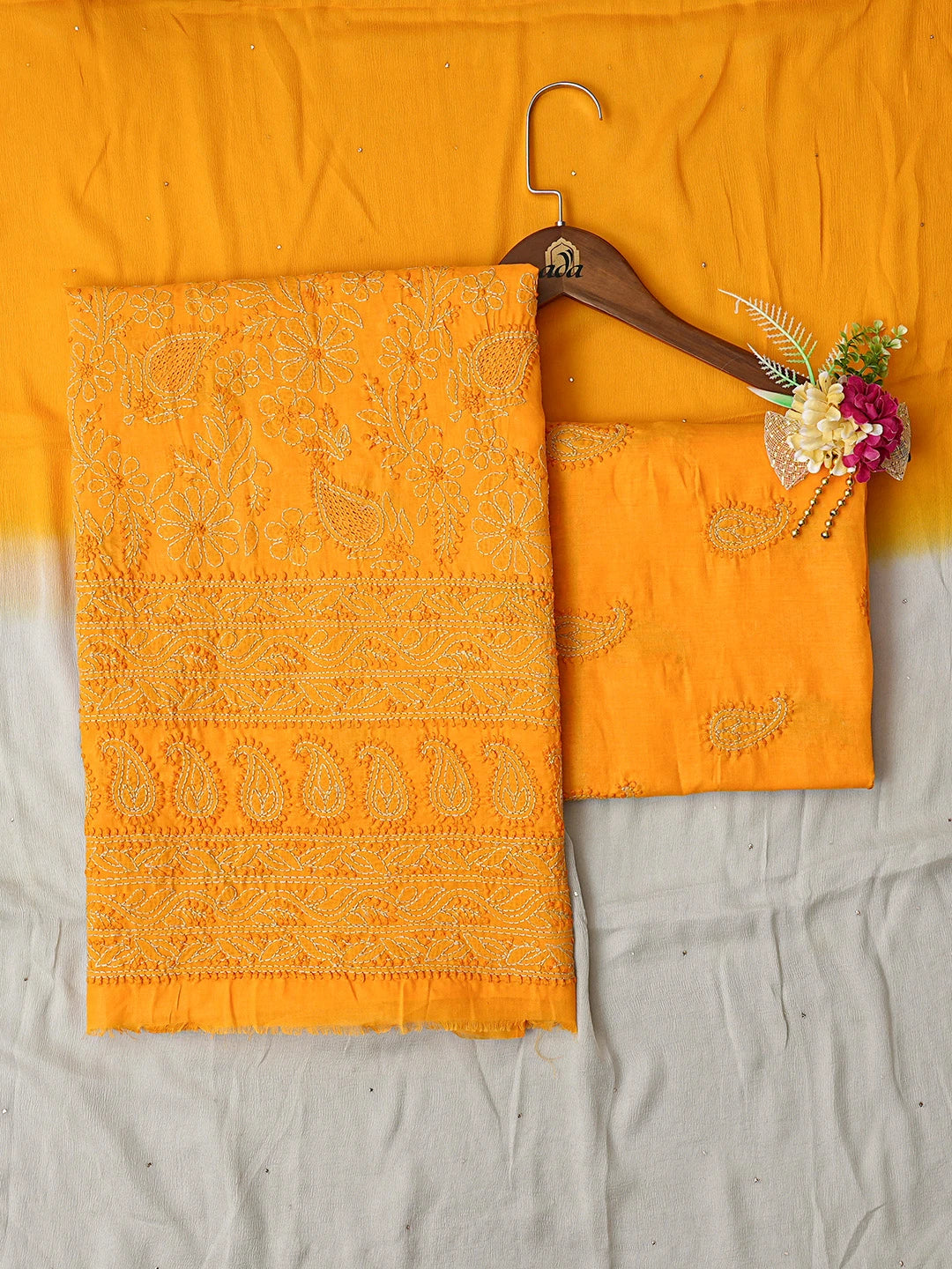 Ada Hand Embroidered Mustard Cotton Lucknowi Chikankari Unstitched Suit Piece 01A839733