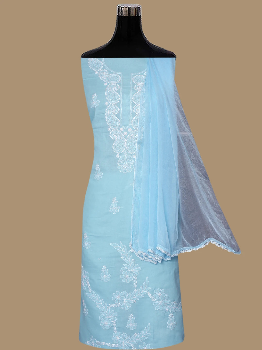 Ada Hand Embroidered Blue Cotton Lucknowi Chikankari Unstitched Suit Piece 01A847448