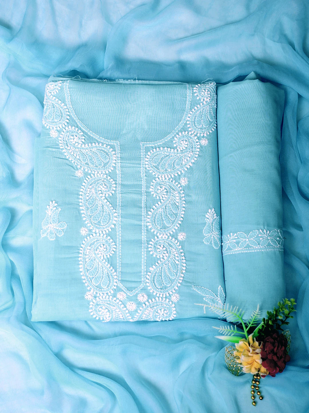 Ada Hand Embroidered Blue Cotton Lucknowi Chikankari Unstitched Suit Piece 01A847448