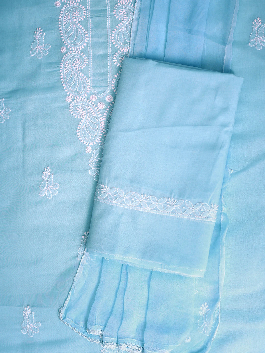 Ada Hand Embroidered Blue Cotton Lucknowi Chikankari Unstitched Suit Piece 01A847448