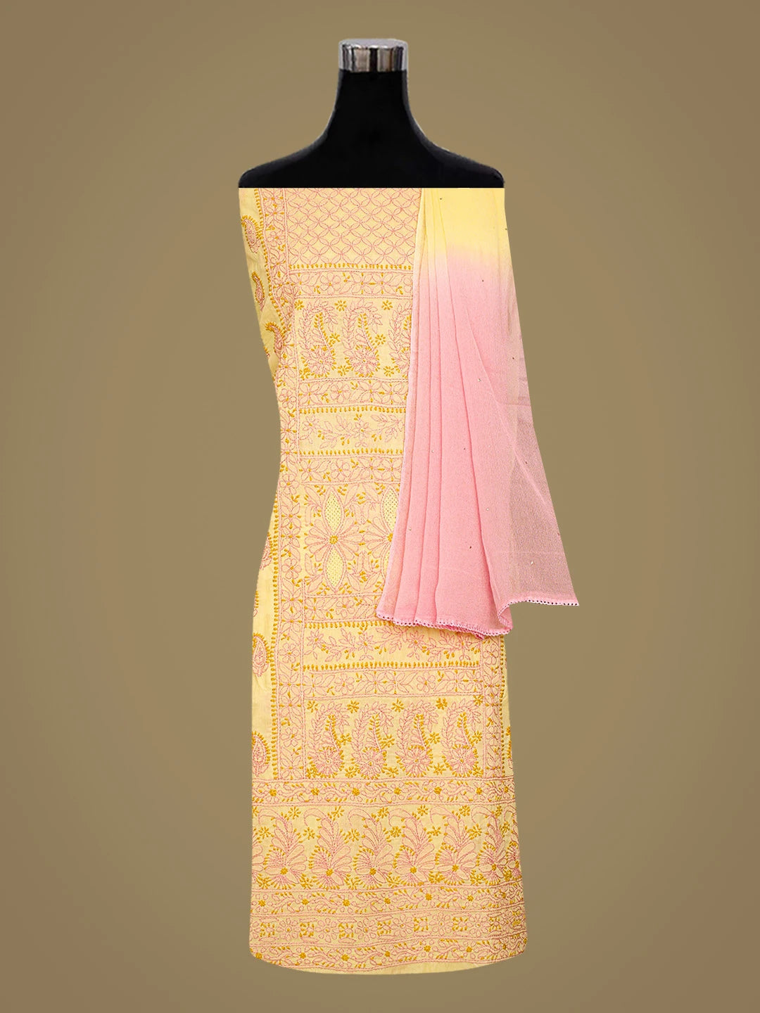 Ada Hand Embroidered Yellow Cotton Lucknowi Chikankari Unstitched Suit Piece 01A839749