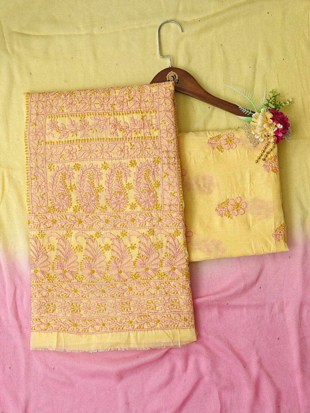 Ada Hand Embroidered Yellow Cotton Lucknowi Chikankari Unstitched Suit Piece 01A839749