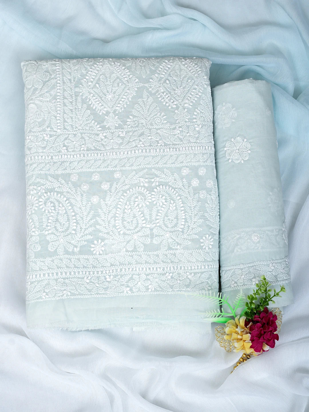 Ada Hand Embroidered Ice Blue Cotton Lucknowi Chikankari Unstitched Suit Piece 01A847538