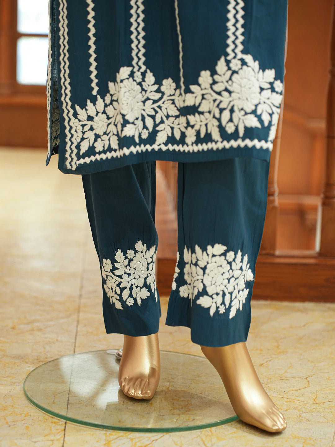 Ada Hand Embroidered Peacock Blue Chanderi Lucknowi Chikankari Co-Ord Set 01A845994