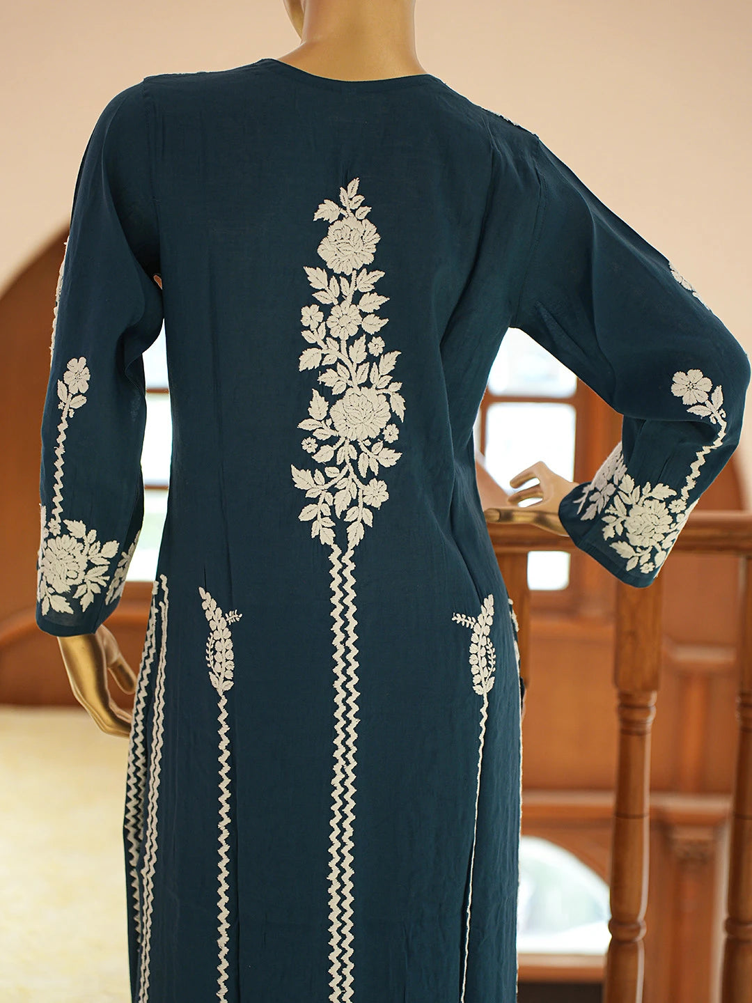 Ada Hand Embroidered Peacock Blue Chanderi Lucknowi Chikankari Co-Ord Set 01A845994