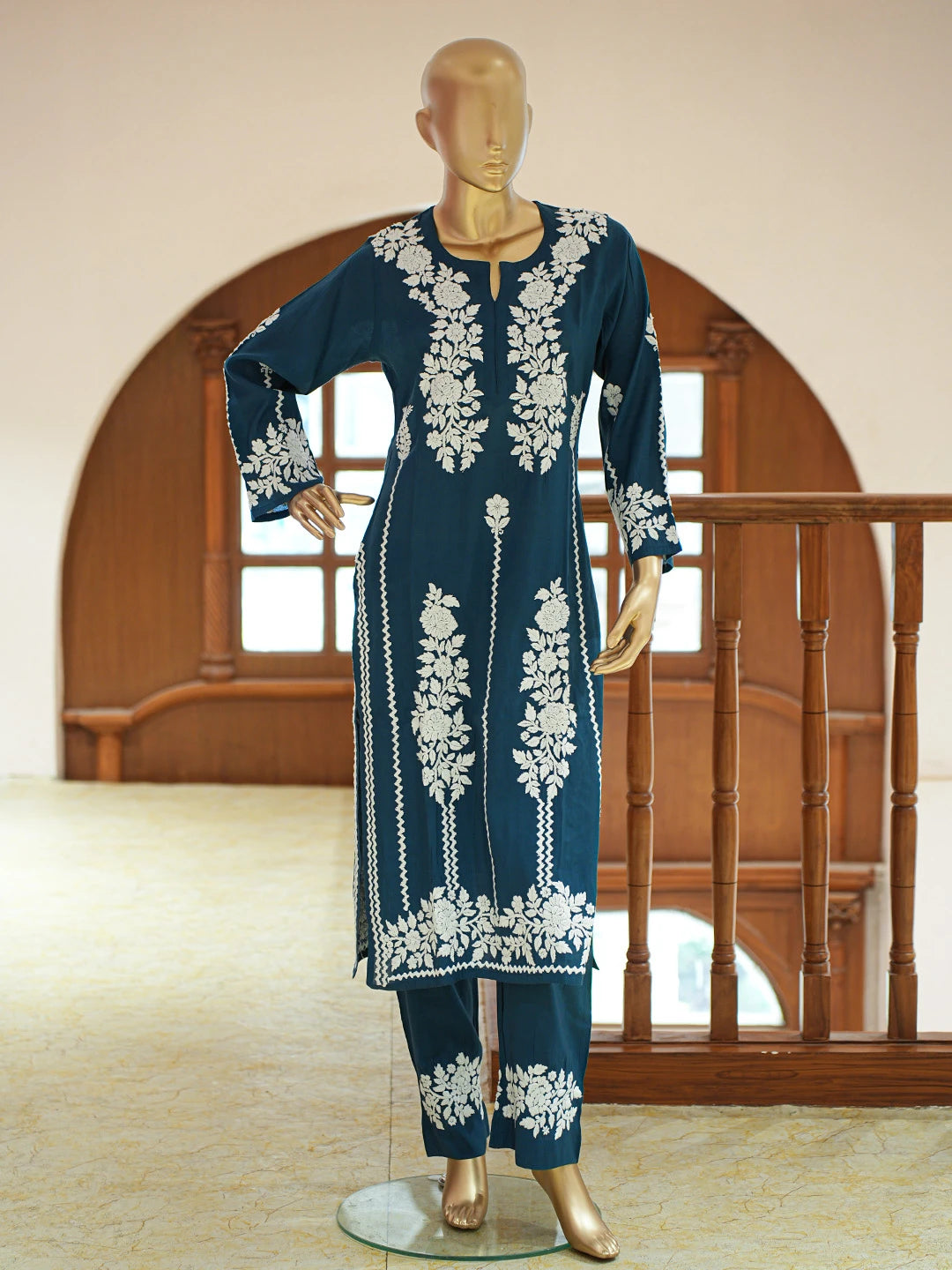 Ada Hand Embroidered Peacock Blue Chanderi Lucknowi Chikankari Co-Ord Set 01A845994