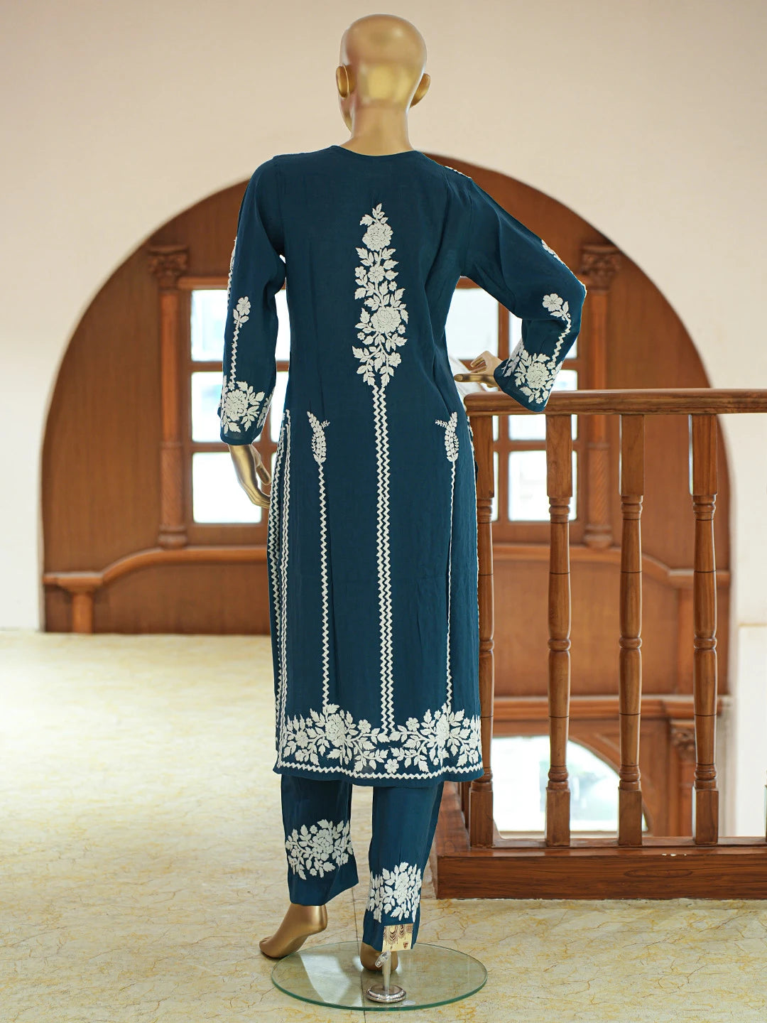 Ada Hand Embroidered Peacock Blue Chanderi Lucknowi Chikankari Co-Ord Set 01A845994