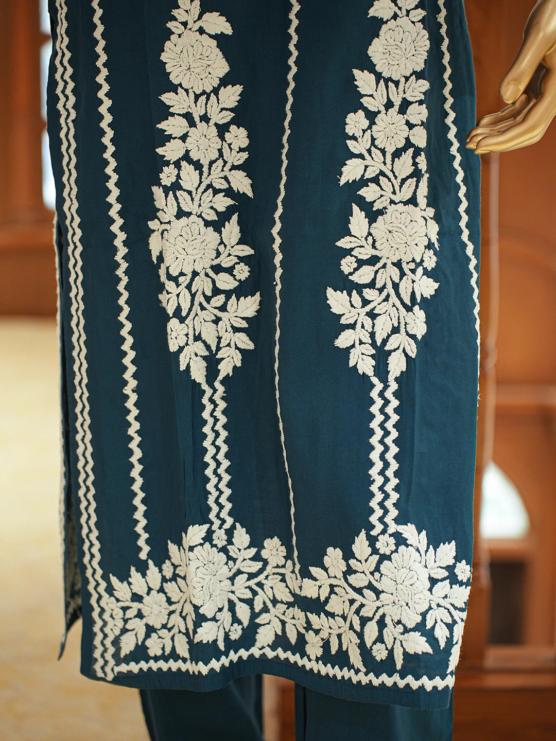 Ada Hand Embroidered Peacock Blue Chanderi Lucknowi Chikankari Co-Ord Set 01A845994