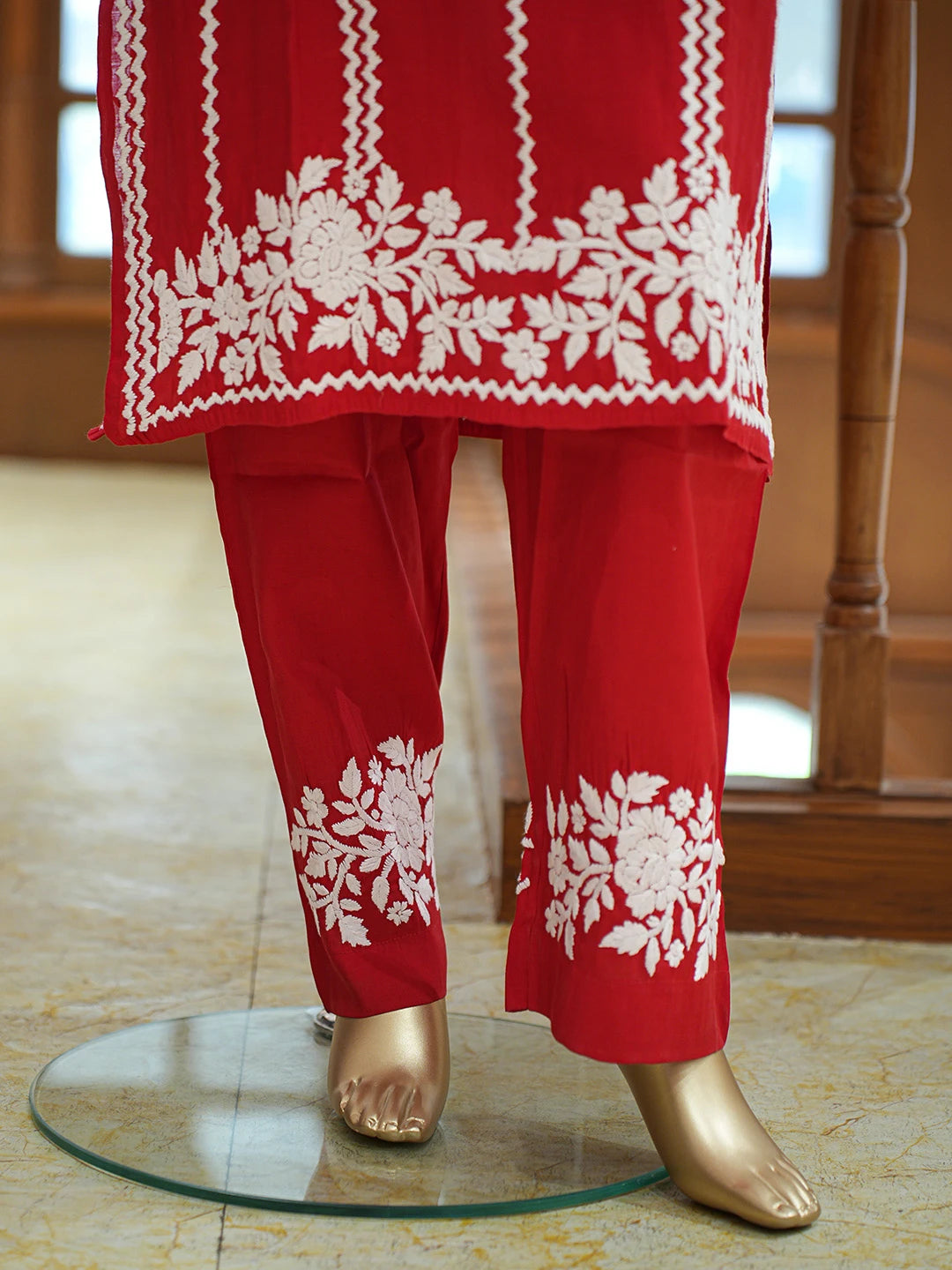 Ada Hand Embroidered Red Chanderi Lucknowi Chikankari Co-Ord Set 01A845872