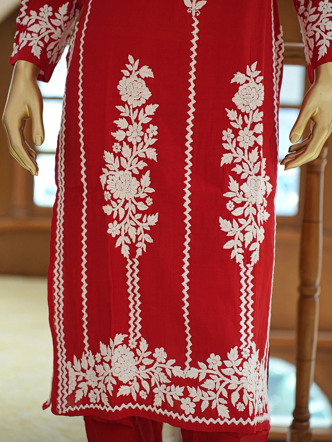 Ada Hand Embroidered Red Chanderi Lucknowi Chikankari Co-Ord Set 01A845872
