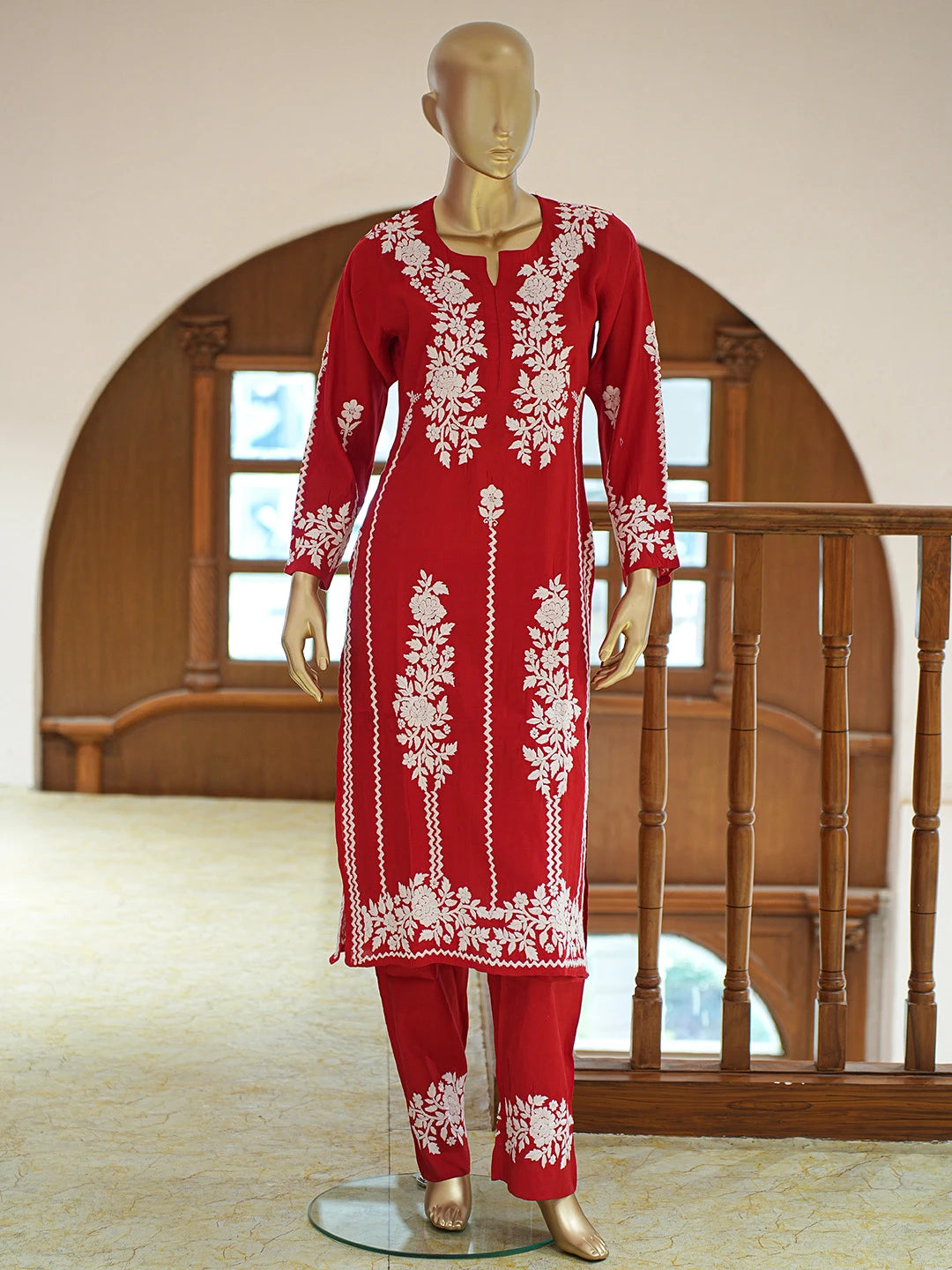 Ada Hand Embroidered Red Chanderi Lucknowi Chikankari Co-Ord Set 01A845872