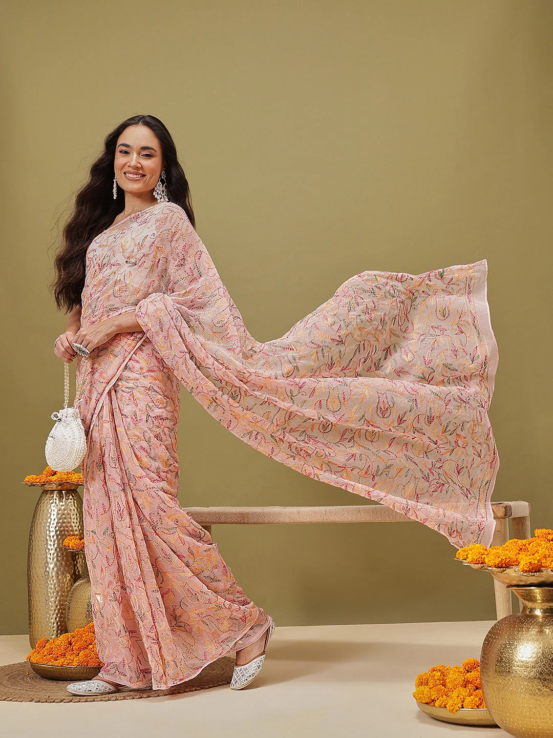 Ada Hand Embroidered Baby Pink Georgette Lucknowi Chikankari Saree and Blouse A311385