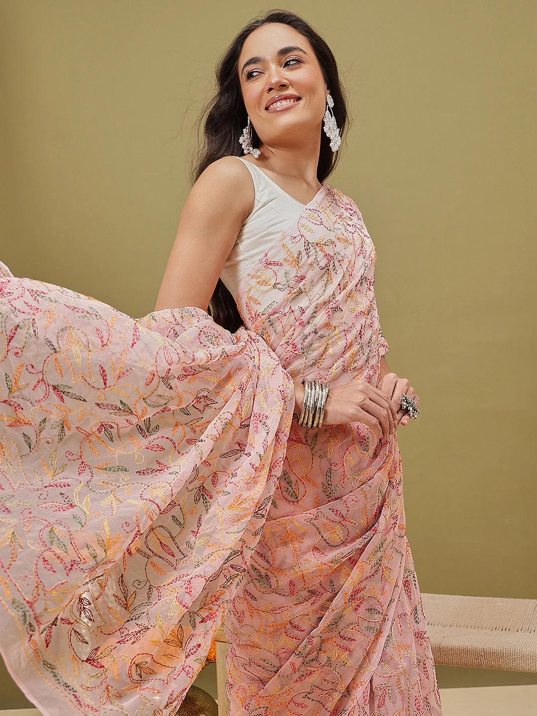 Ada Hand Embroidered Baby Pink Georgette Lucknowi Chikankari Saree and Blouse A311385