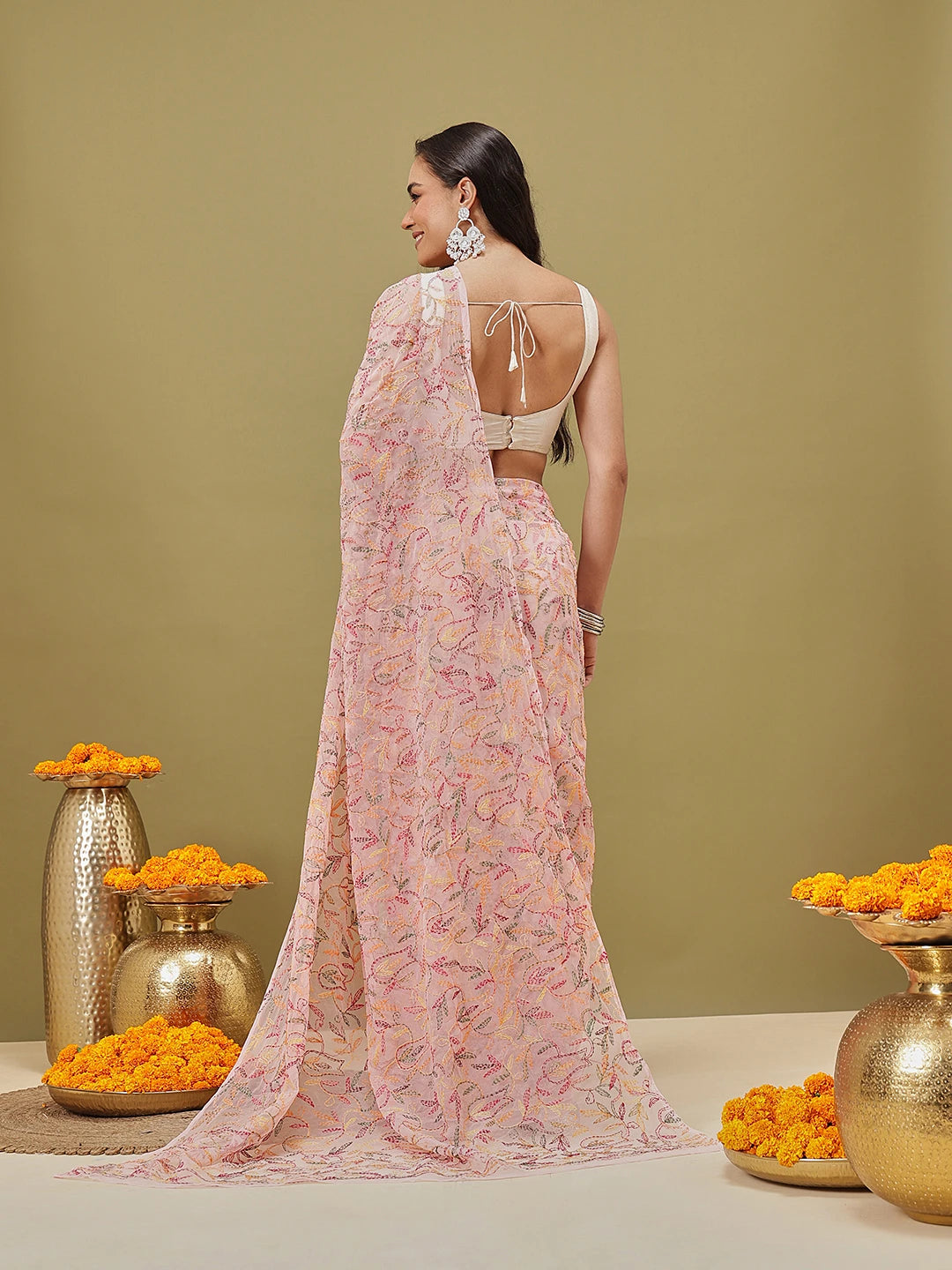 Ada Hand Embroidered Baby Pink Georgette Lucknowi Chikankari Saree and Blouse A311385