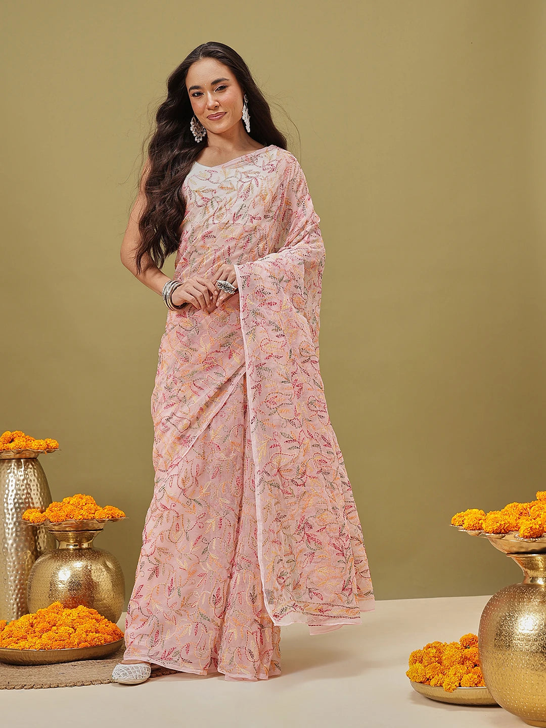 Ada Hand Embroidered Baby Pink Georgette Lucknowi Chikankari Saree and Blouse A311385
