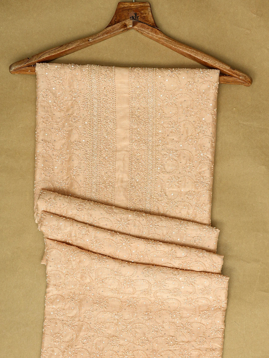 Ada Hand Embroidered Fresh Peach Chanderi Lucknowi Chikankari Unstitched Men's Kurta Piece With Cutdana Work 01A748109